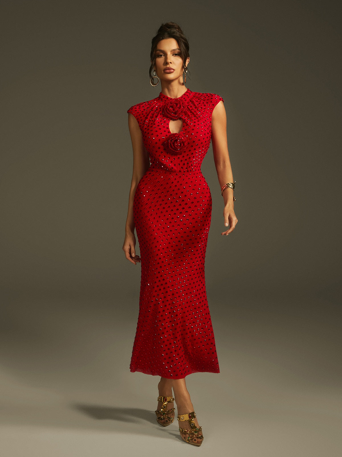 Rhinestone High Neck Rose Flower Cut Out Mermaid Midi Dress