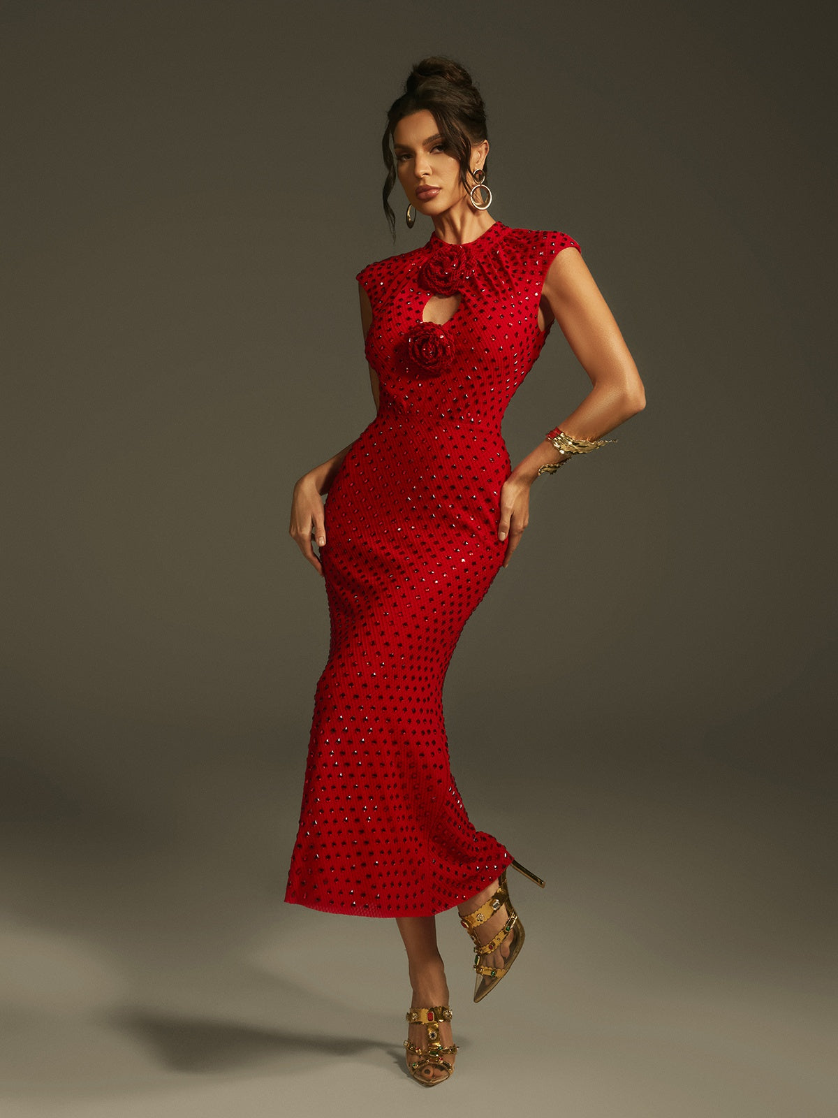 Rhinestone High Neck Rose Flower Cut Out Mermaid Midi Dress