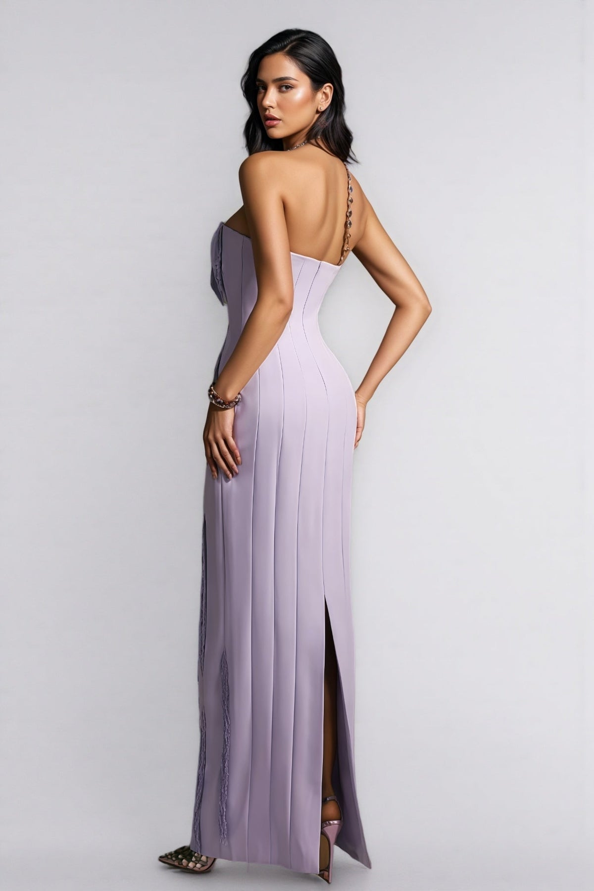 Strapless Beaded Fringe Trim Bodycon Column Maxi Dress 6