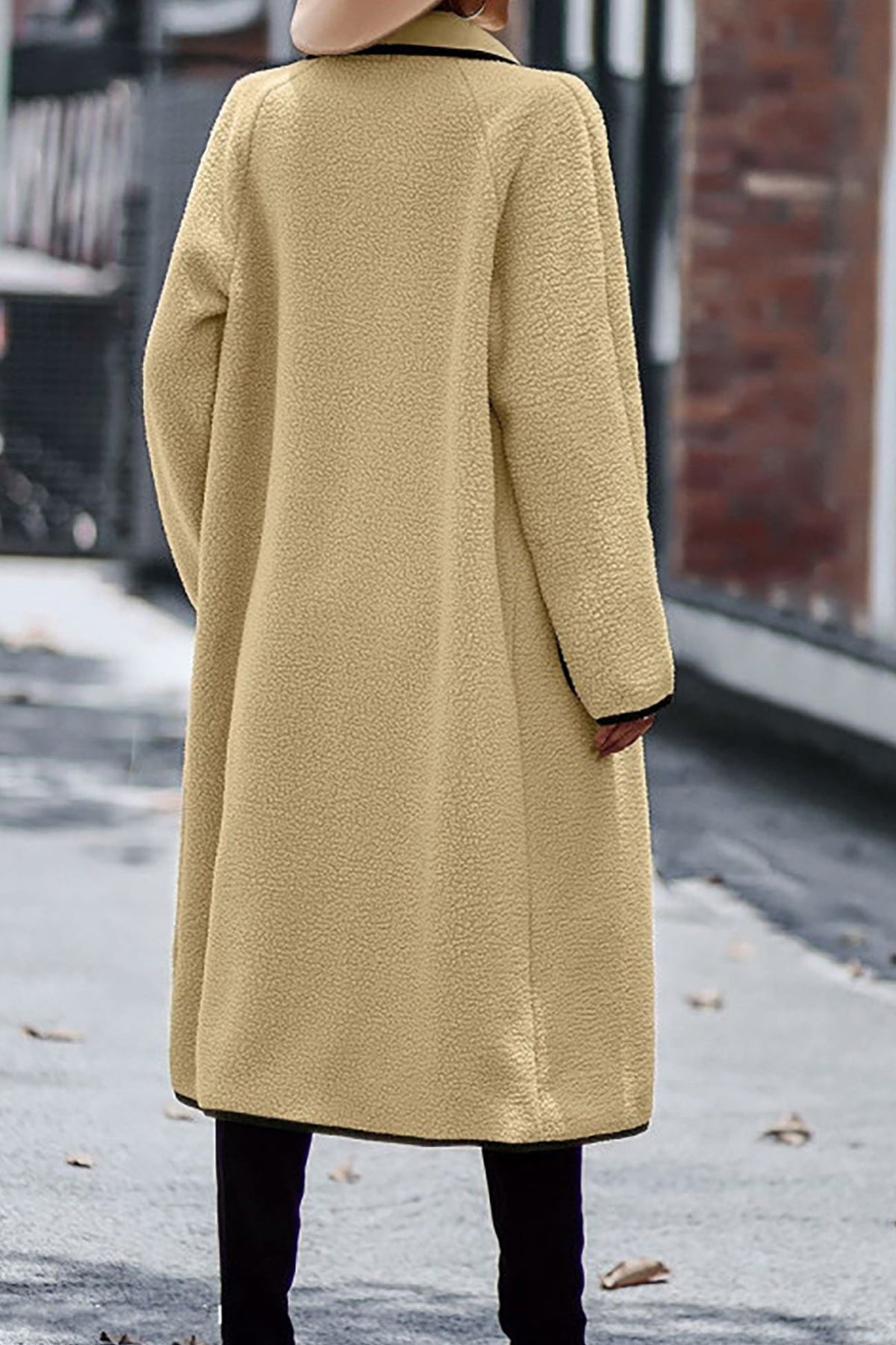 Fleece Contrast Trim Open Front Patch Pocket Longline Coat 9