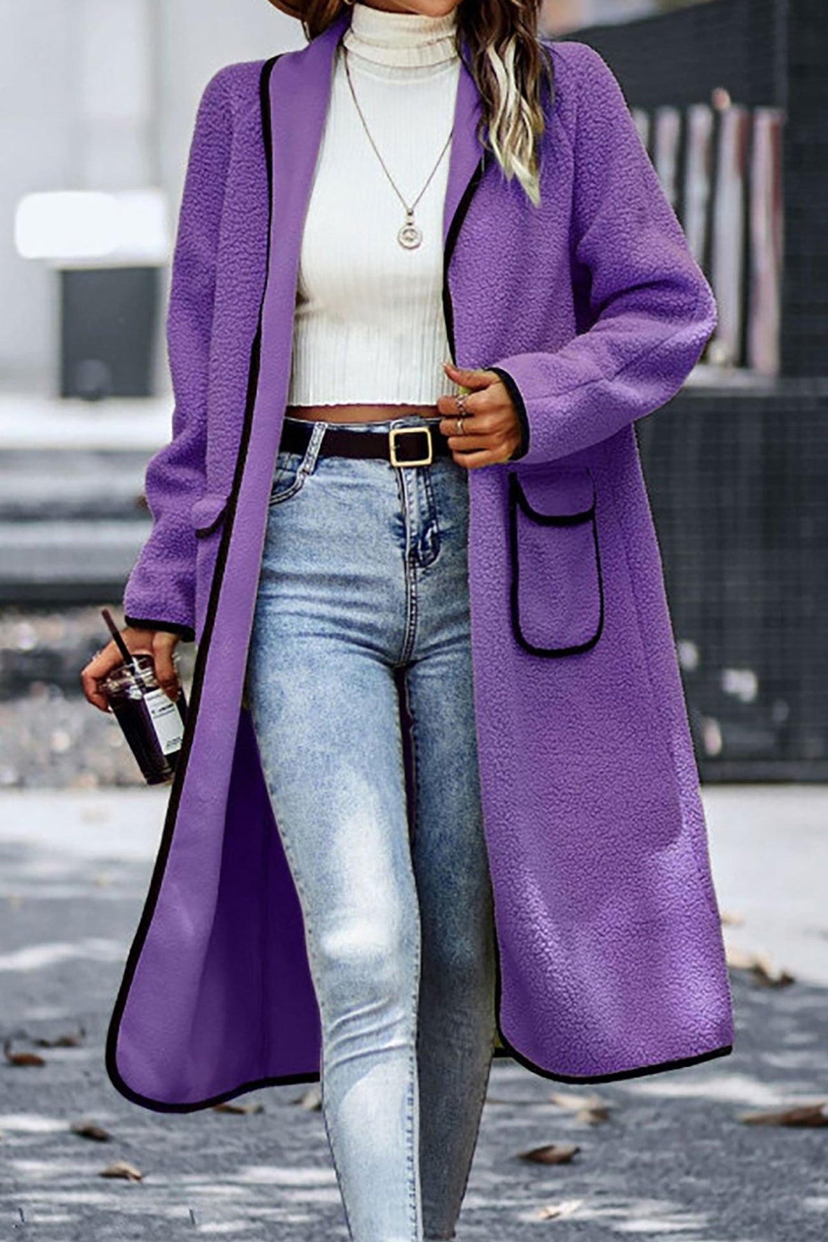 Fleece Contrast Trim Open Front Patch Pocket Longline Coat 3