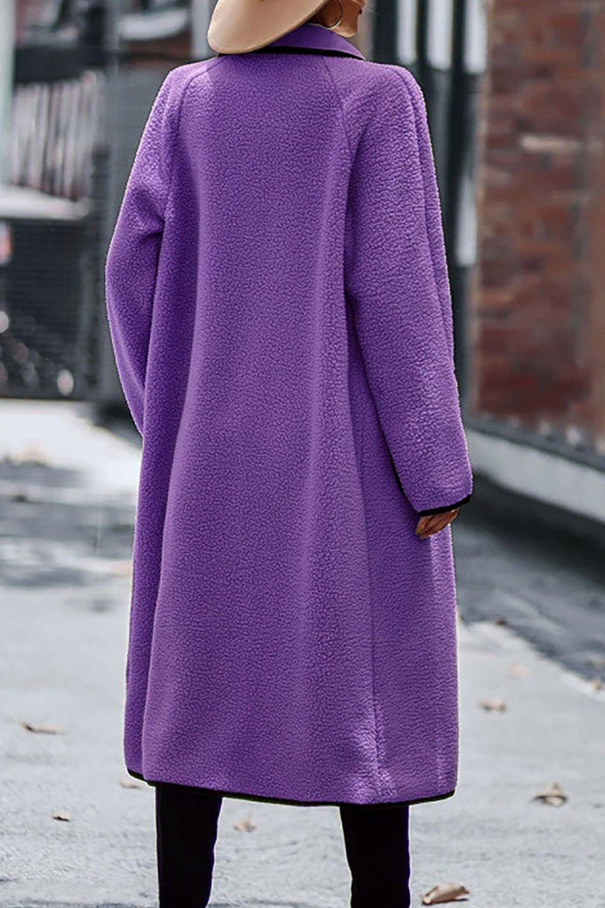 Fleece Contrast Trim Open Front Patch Pocket Longline Coat 5