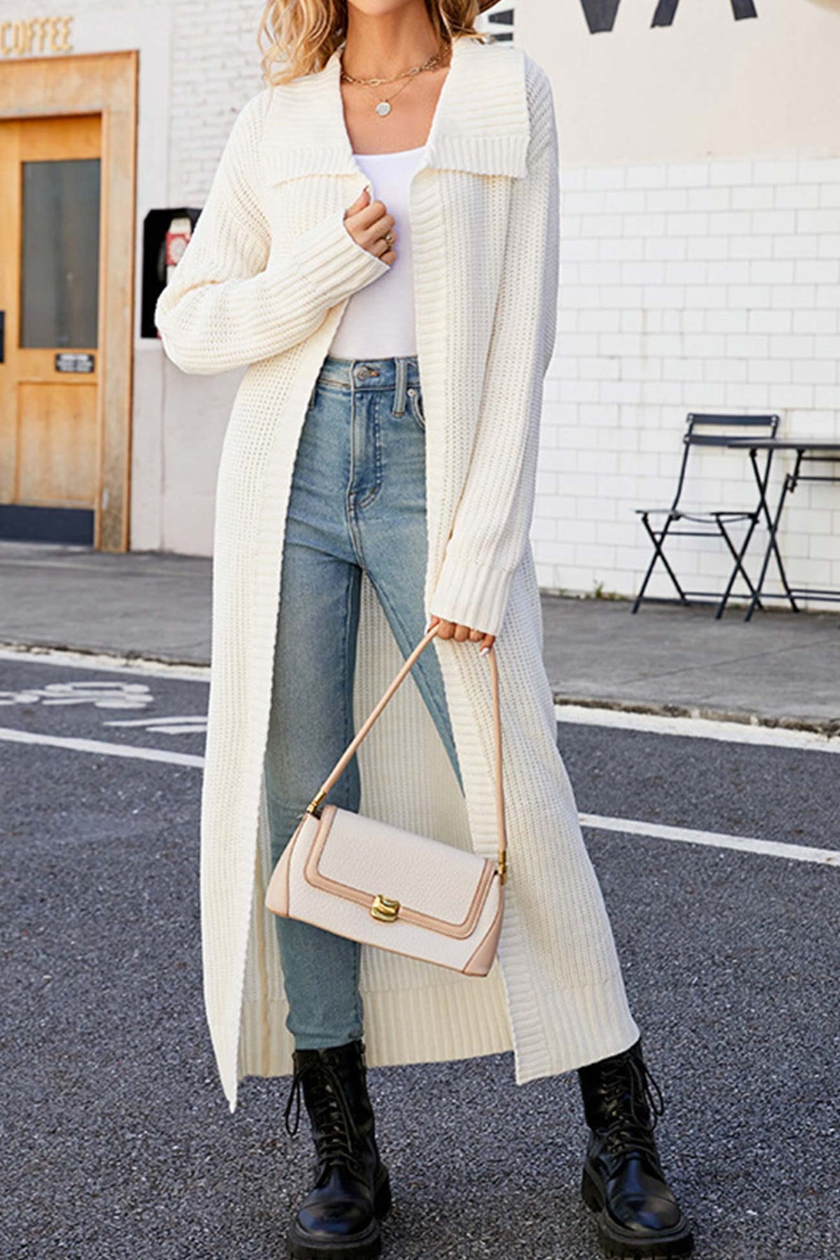 Ribbed Knit Wide Collar Open Front Long Sleeve Maxi Cardigan