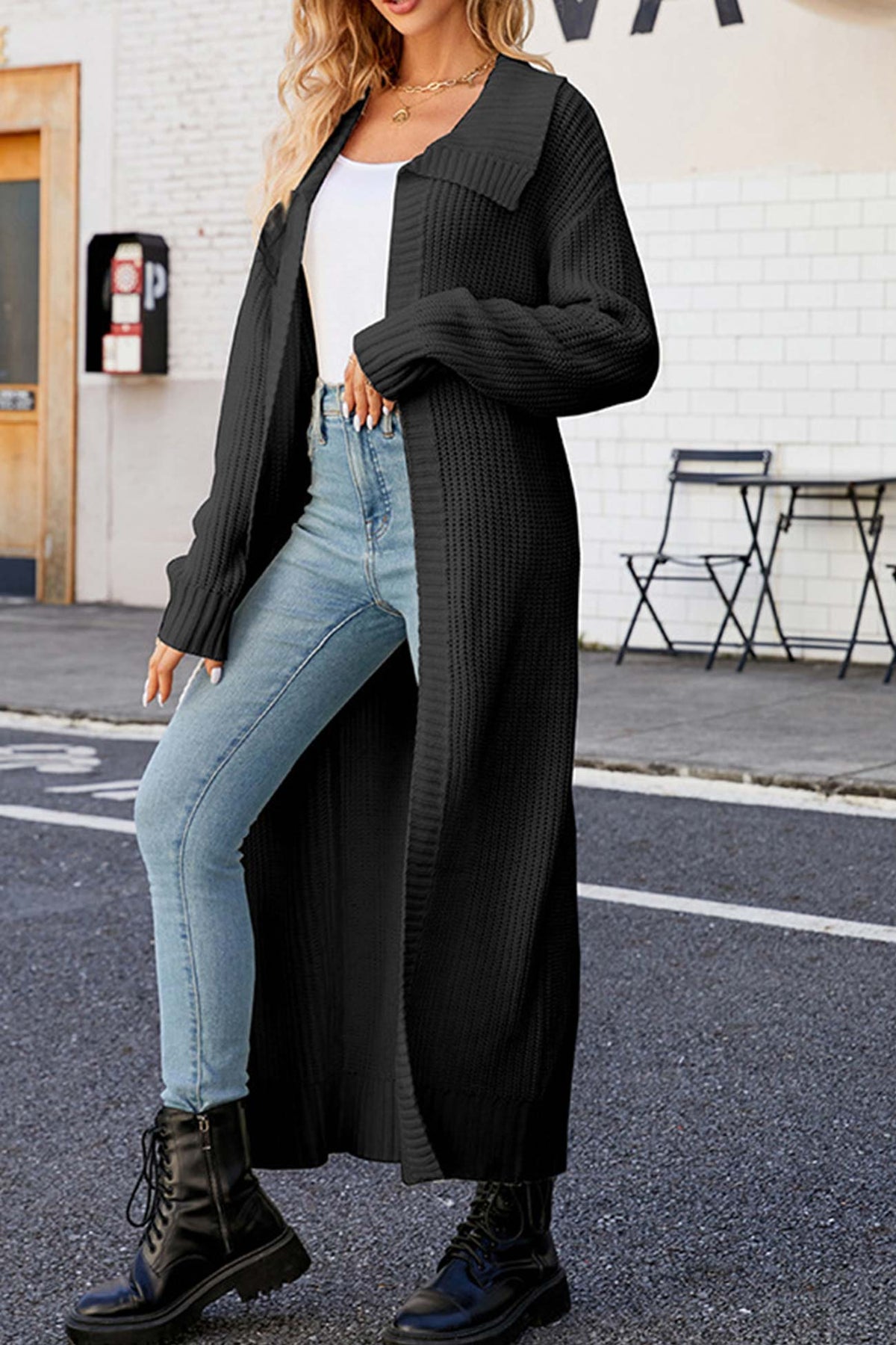 Ribbed Knit Wide Collar Open Front Long Sleeve Maxi Cardigan 4