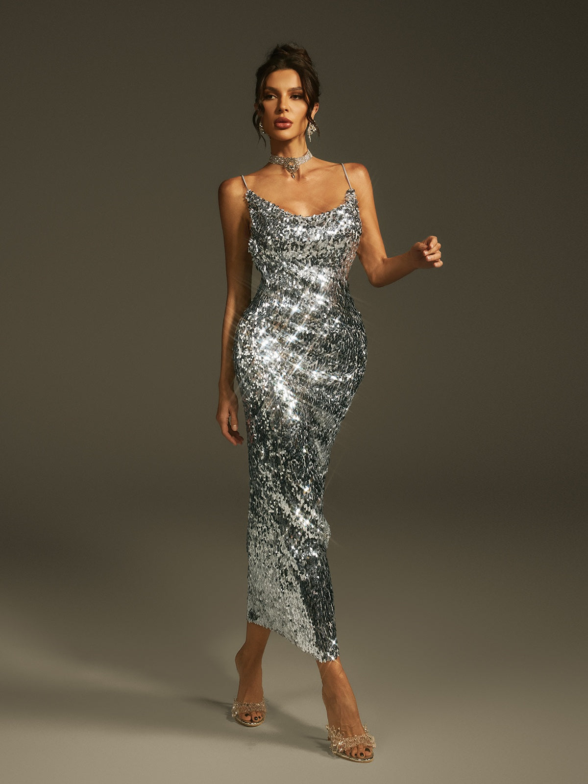 Sequin Spaghetti Strap V-Neck Midi Dress