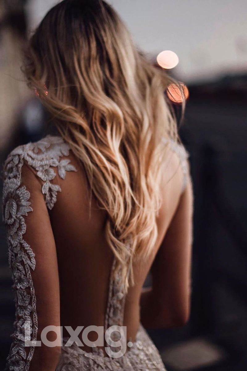 Deep V-neck Allover Lace Appliques Long Sleeves Bohemian Wedding Dress