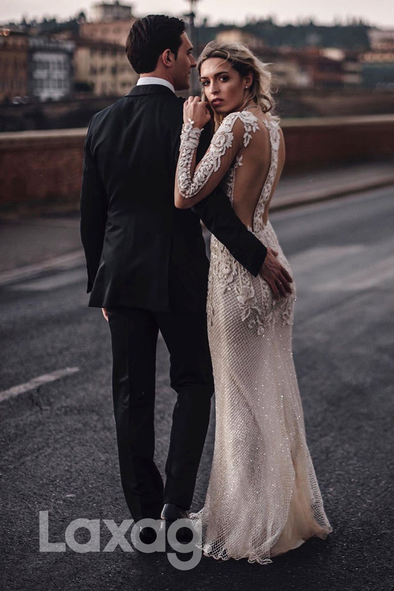 13543 - Deep V-neck Allover Lace Appliques Long Sleeves Bohemian Wedding Dress