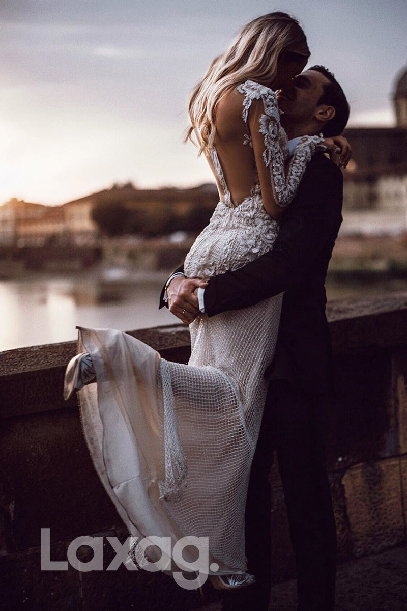 Deep V-neck Allover Lace Appliques Long Sleeves Bohemian Wedding Dress