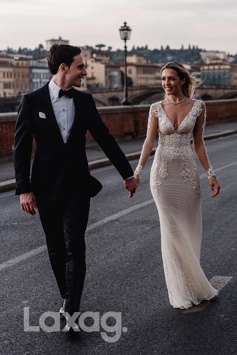 13543 - Deep V-neck Allover Lace Appliques Long Sleeves Bohemian Wedding Dress