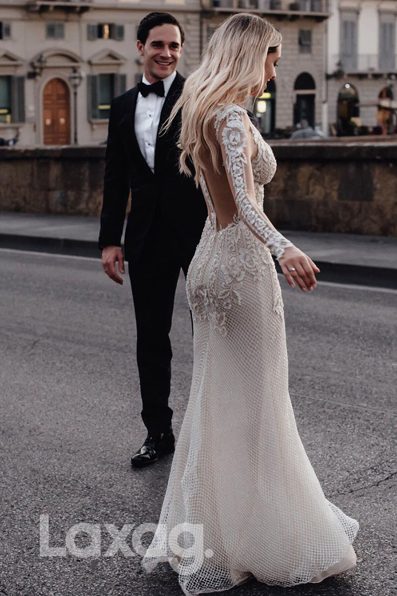 Deep V-neck Allover Lace Appliques Long Sleeves Bohemian Wedding Dress
