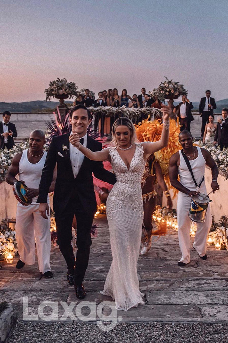 Deep V-neck Allover Lace Appliques Long Sleeves Bohemian Wedding Dress