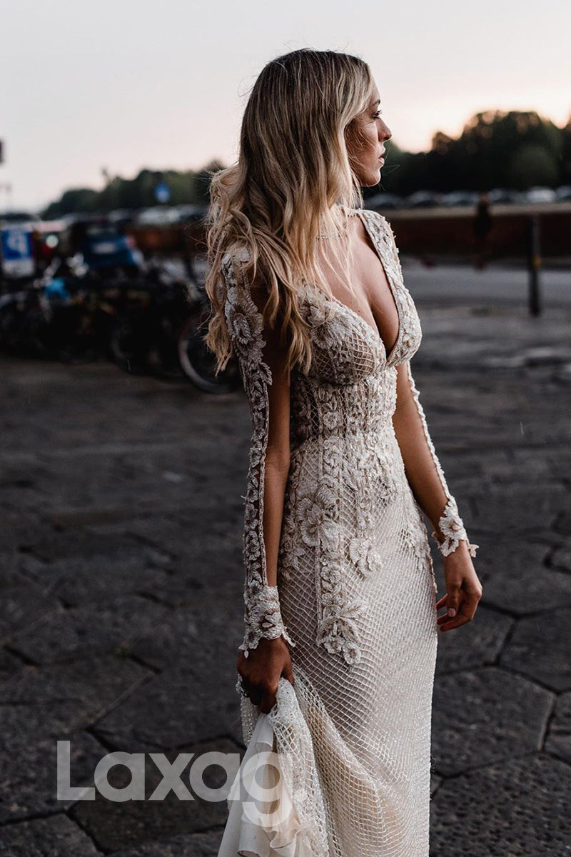 Deep V-neck Allover Lace Appliques Long Sleeves Bohemian Wedding Dress