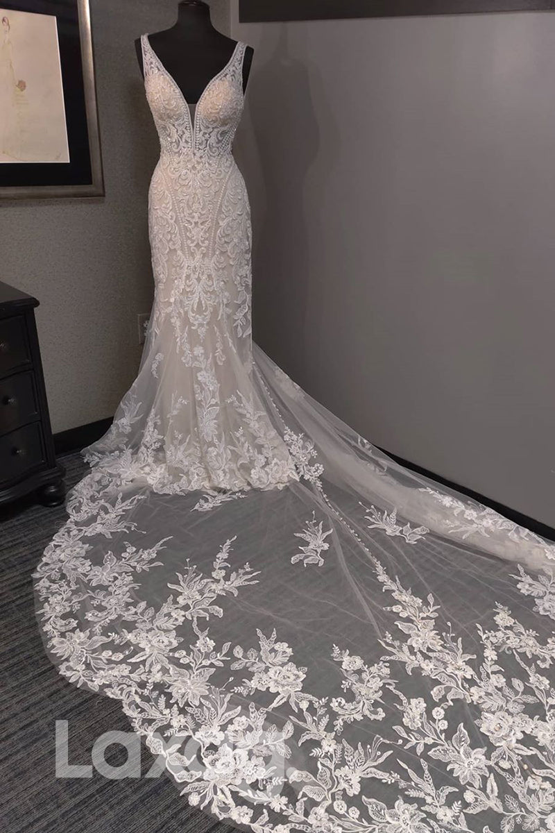 Deep V-neck Beads Allover Lace Wedding Dress