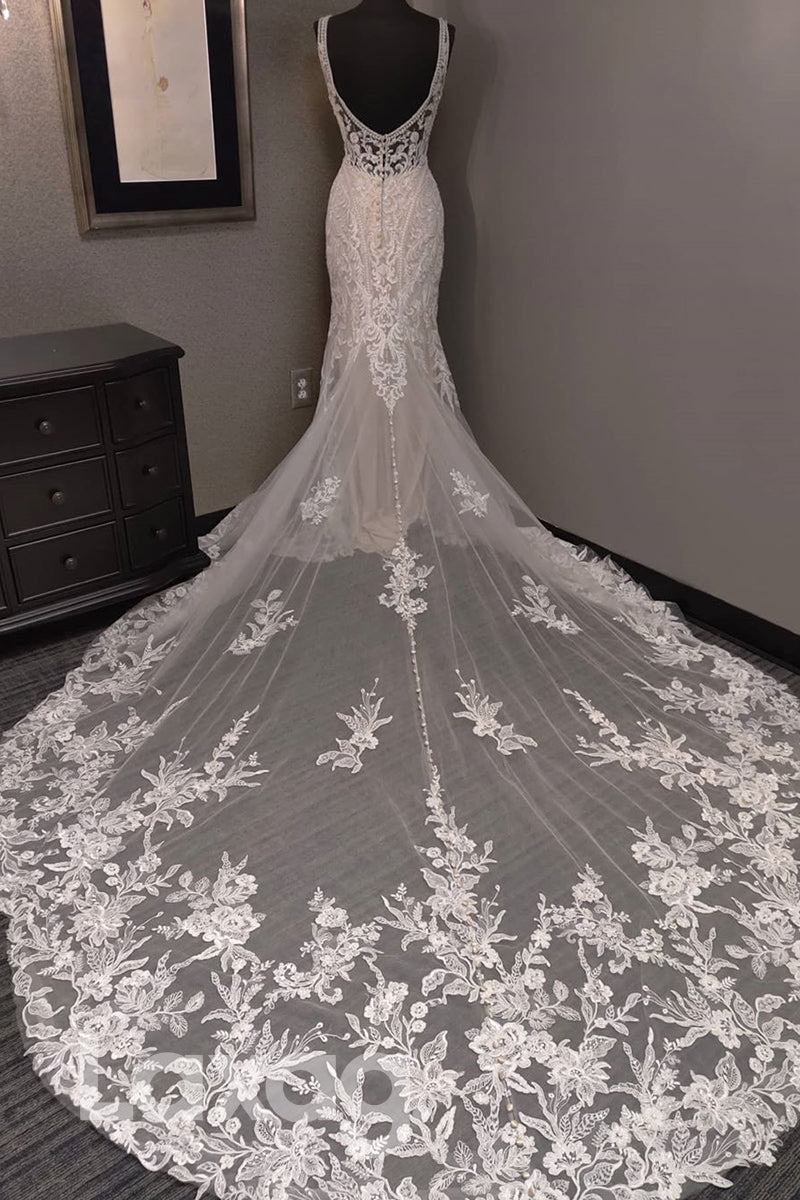 Deep V-neck Beads Allover Lace Wedding Dress