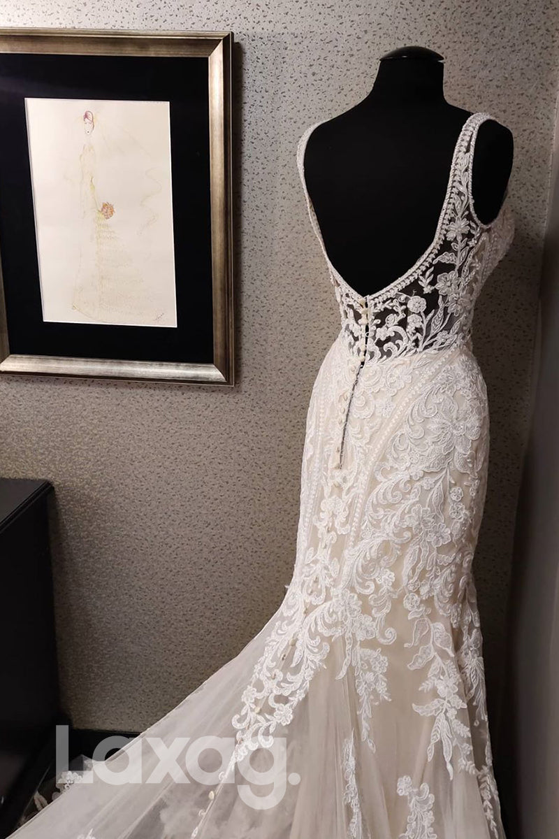 Deep V-neck Beads Allover Lace Wedding Dress