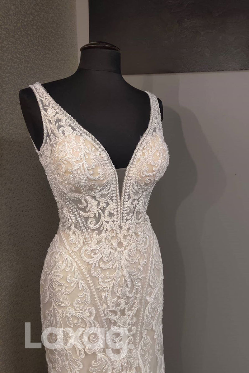 13545 - Deep V-neck Beads Allover Lace Wedding Dress