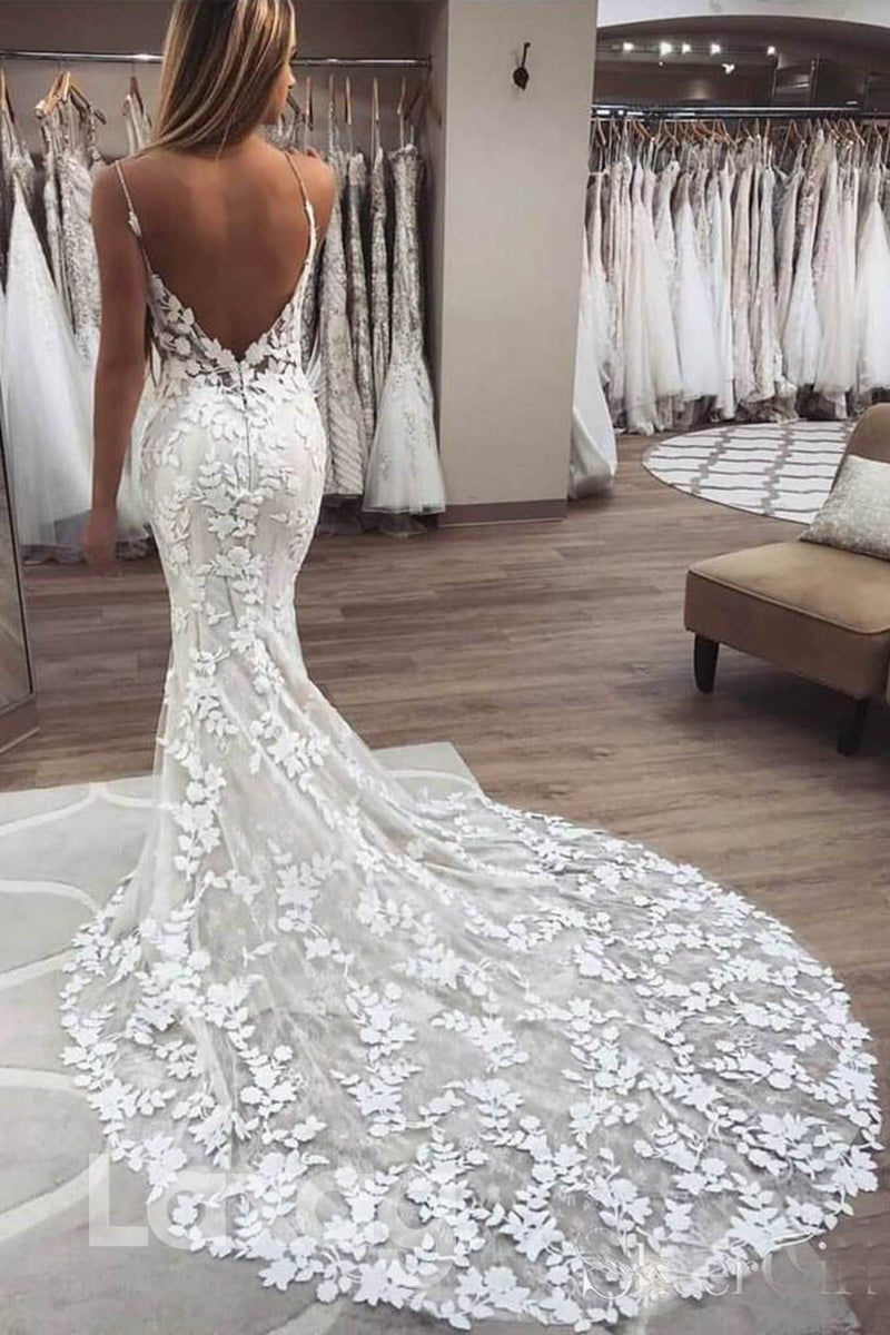 14506 - Spaghetti Straps Lace Wedding Dress for Women V-neck Mermaid Bridal Gown