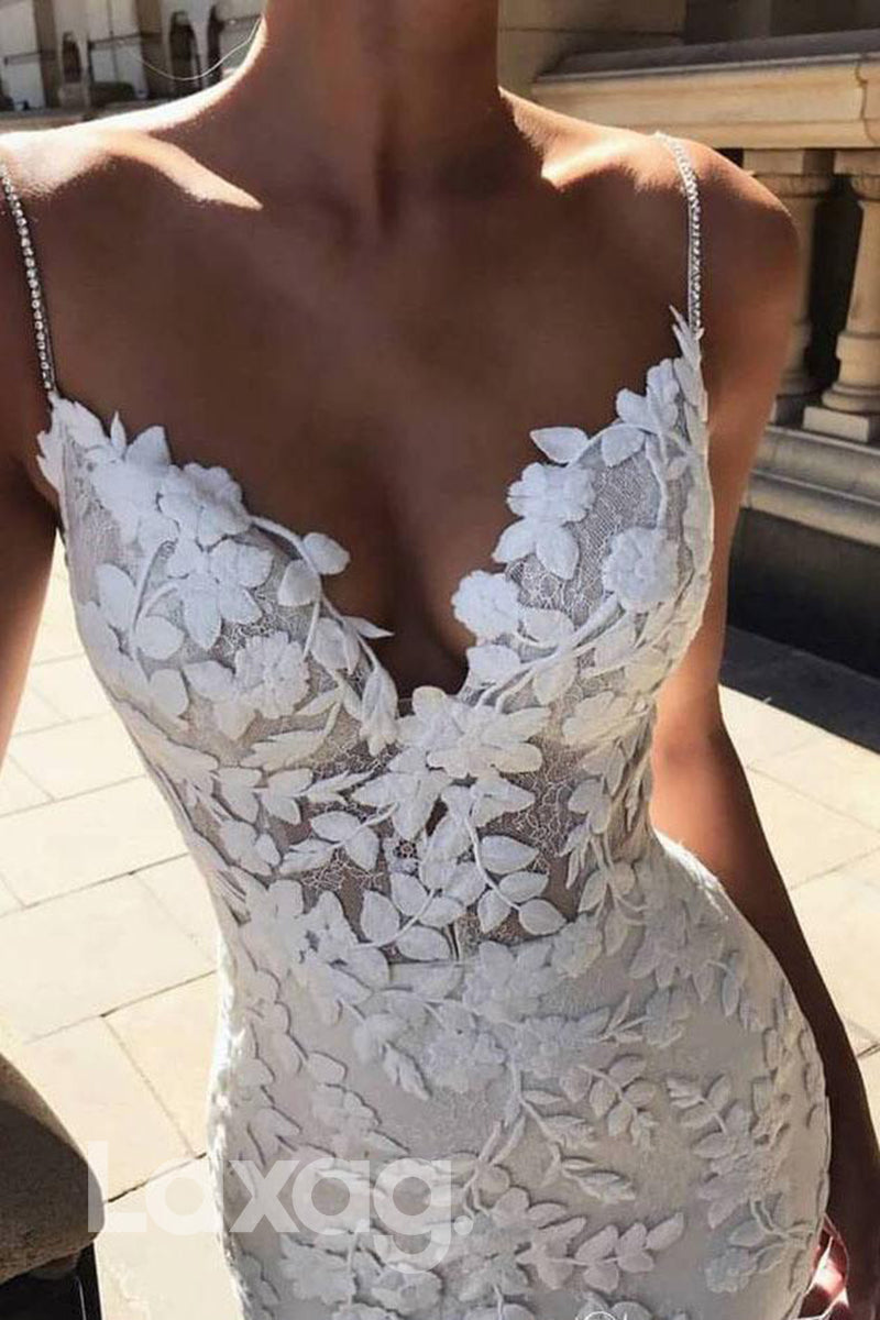 14506 - Spaghetti Straps Lace Wedding Dress for Women V-neck Mermaid Bridal Gown