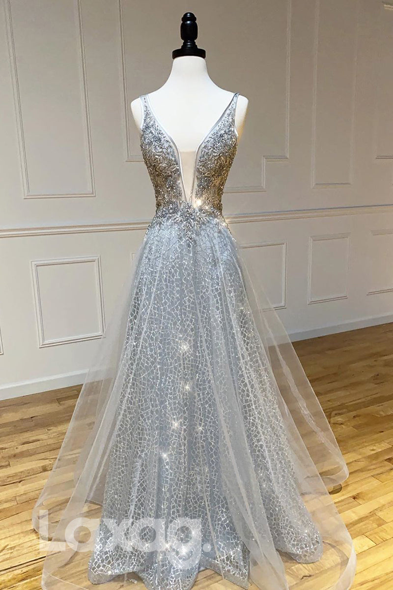 Deep V-neck Beads Silver Prom Dress Glitter