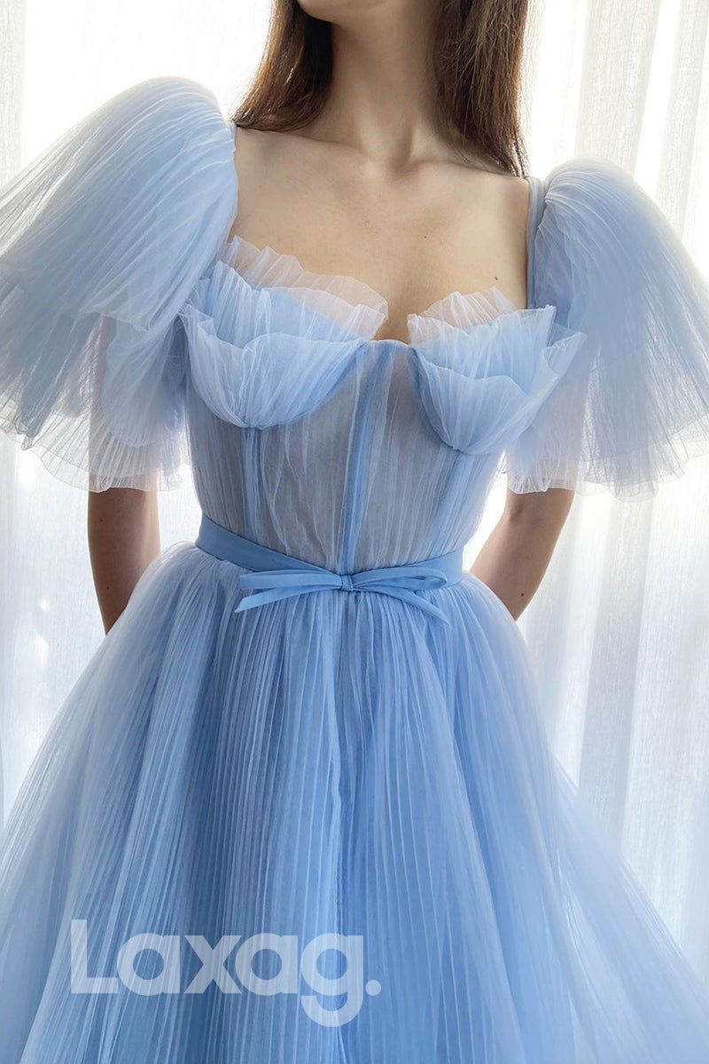 15799 - Light Blue Tulle Short Sleeves A-line Formal Dress with Pockets