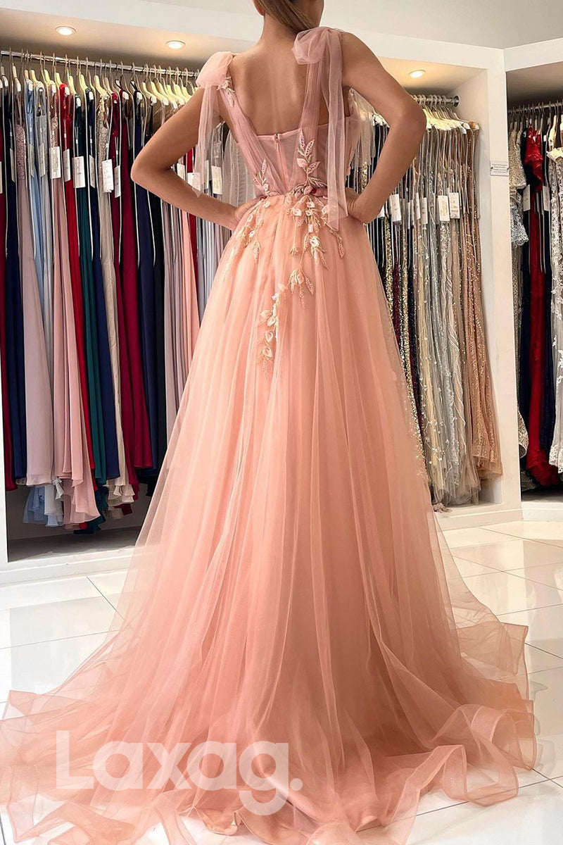 18721 - Women's Spaghetti Straps Applique Long Formal Prom Dress with Slit