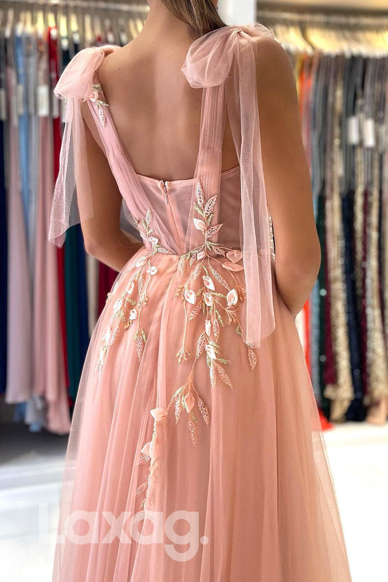 18721 - Women's Spaghetti Straps Applique Long Formal Prom Dress with Slit