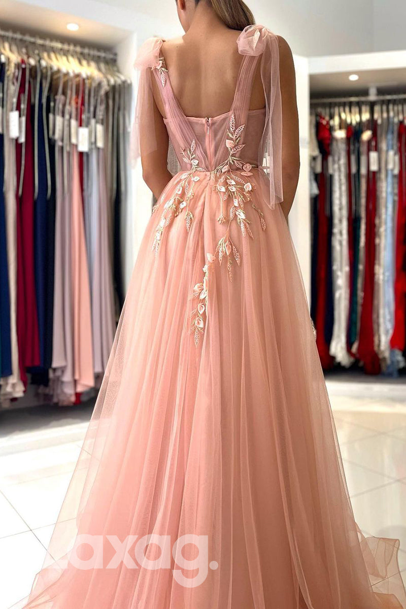 18721 - Women's Spaghetti Straps Applique Long Formal Prom Dress with Slit