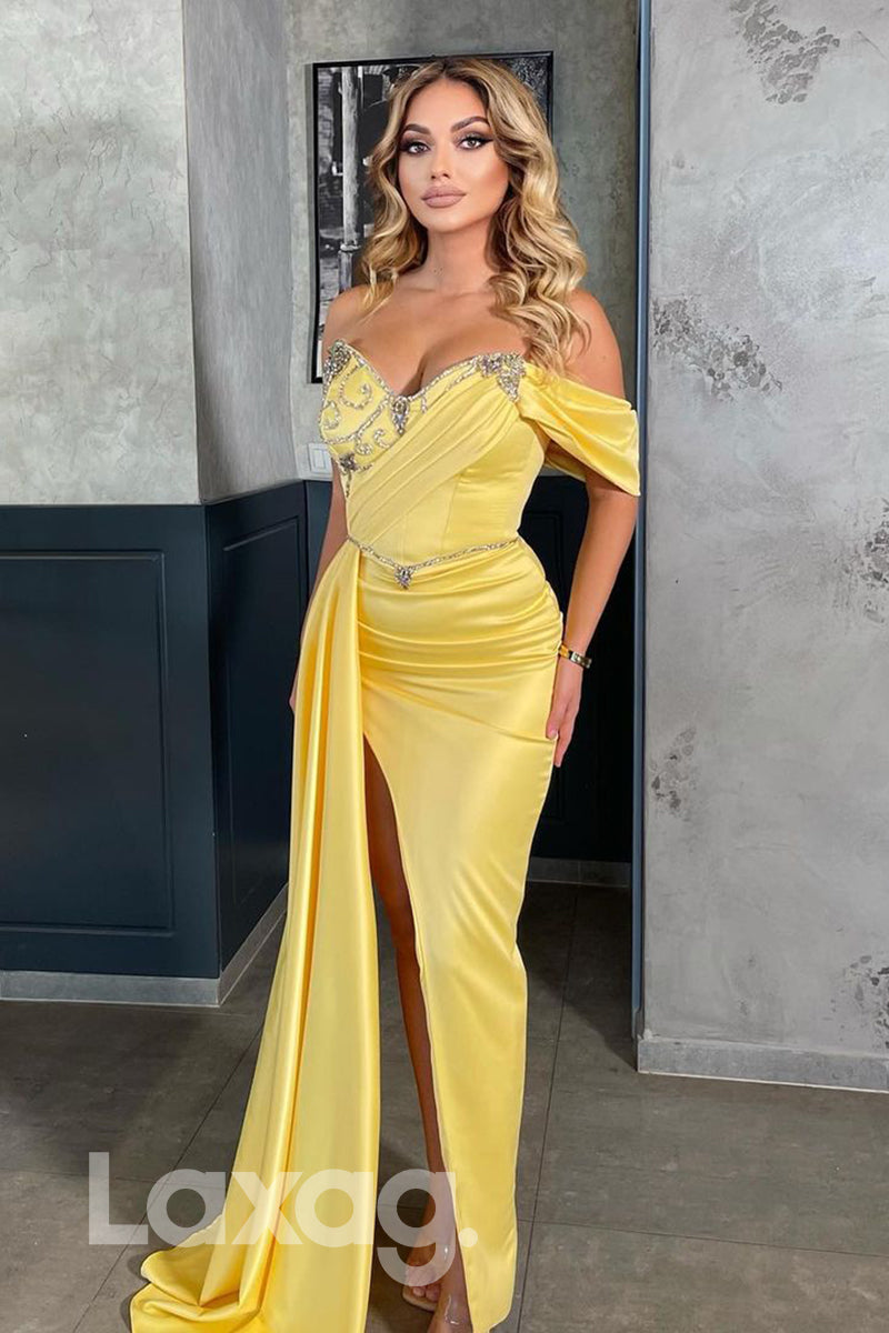 18731 - Off Shoulder Beads High Split Mermaid Formal Evening Dress