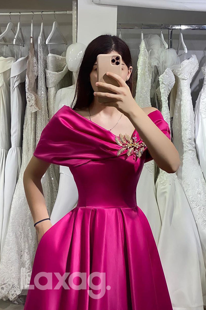 18739 - Unique Off Shoulder Satin Long Formal Evening Dress with Pockets