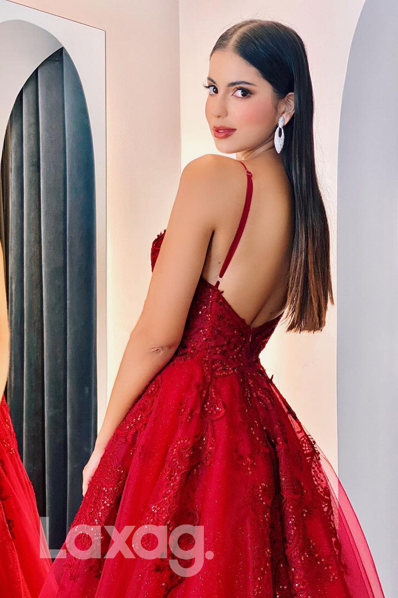 18753 - Spaghetti Straps Lace Applique Red Formal Evening Dress