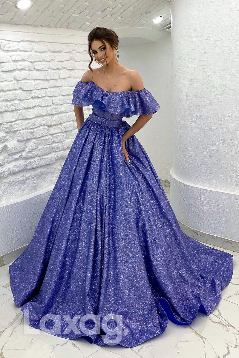 18792 - Off Shoulder Ball Gown Belt Long Prom Dresses Glitter
