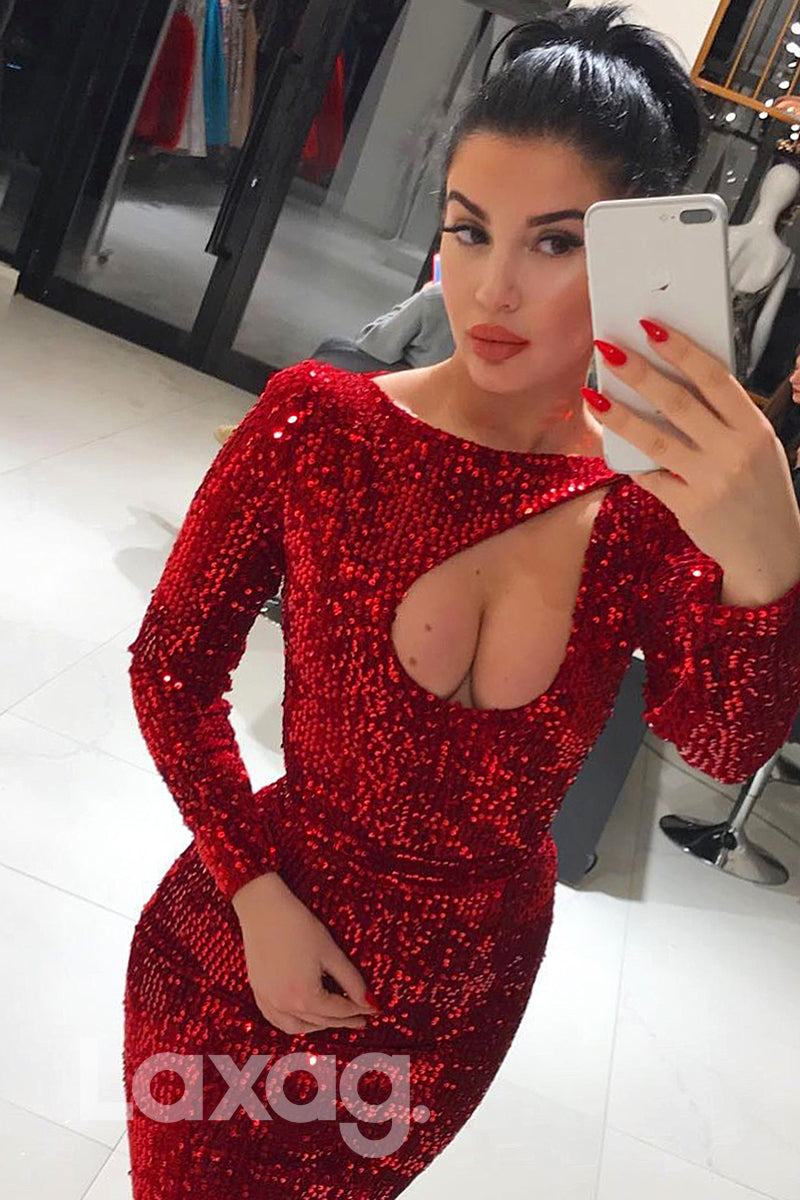 16747 - Bateau Burgundy Sequins Long Sleeves Mermaid Formal Dress