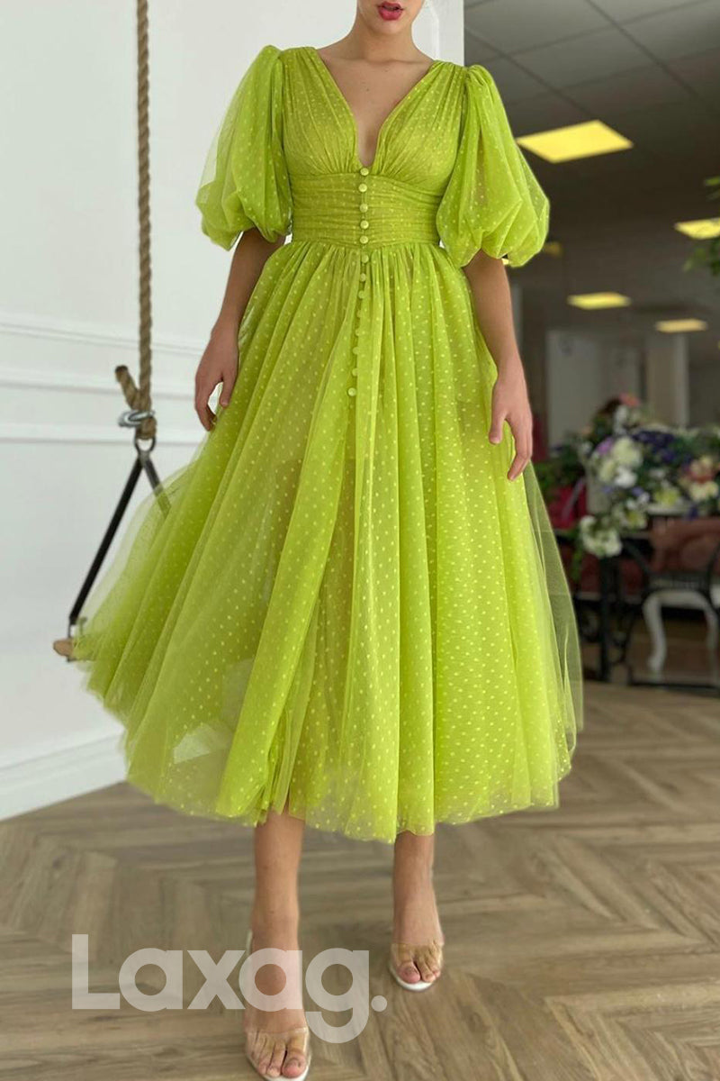16798 - A-line V-neck Short Sleeves Prom Dress Tea Length|LAXAG