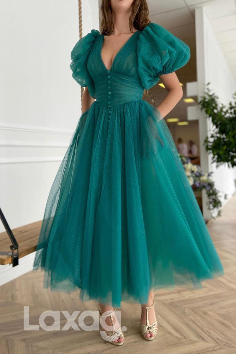 16798 - A-line V-neck Short Sleeves Prom Dress Tea Length|LAXAG
