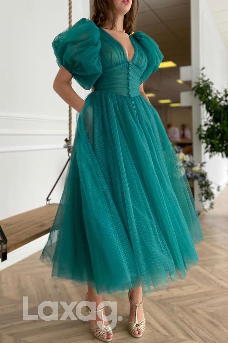 17719 - A-line V-neck Short Sleeves Prom Dress with Pockets Tea Length