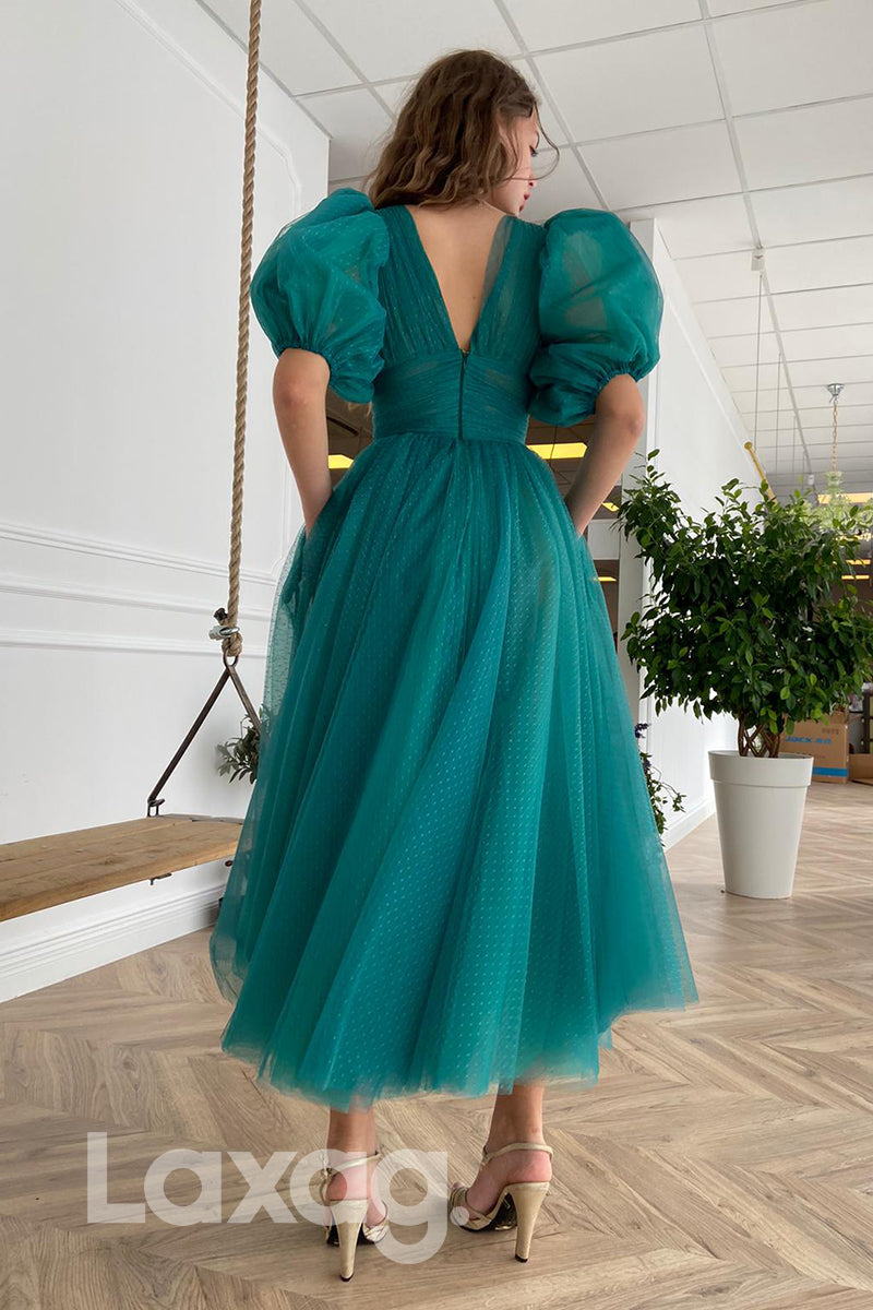 17719 - A-line V-neck Short Sleeves Prom Dress with Pockets Tea Length