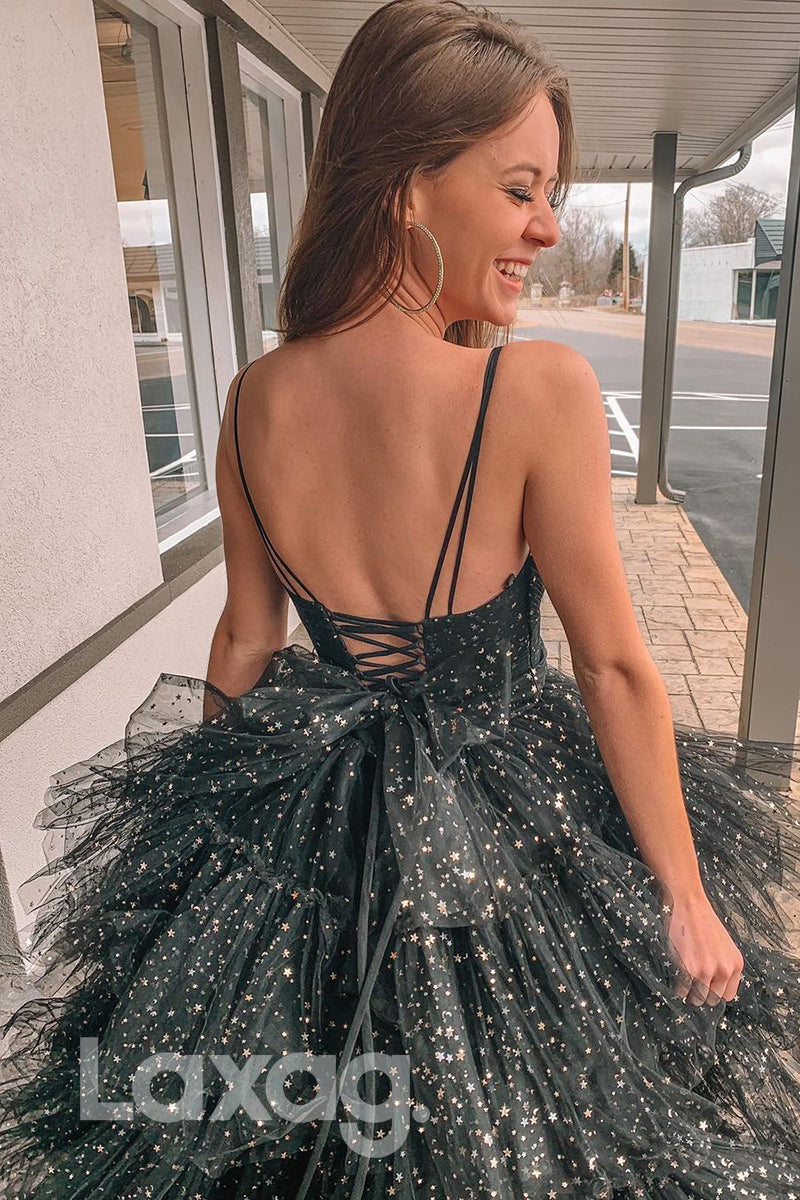 17723 - Spaghetti Straps V-neck High Low Prom Dress