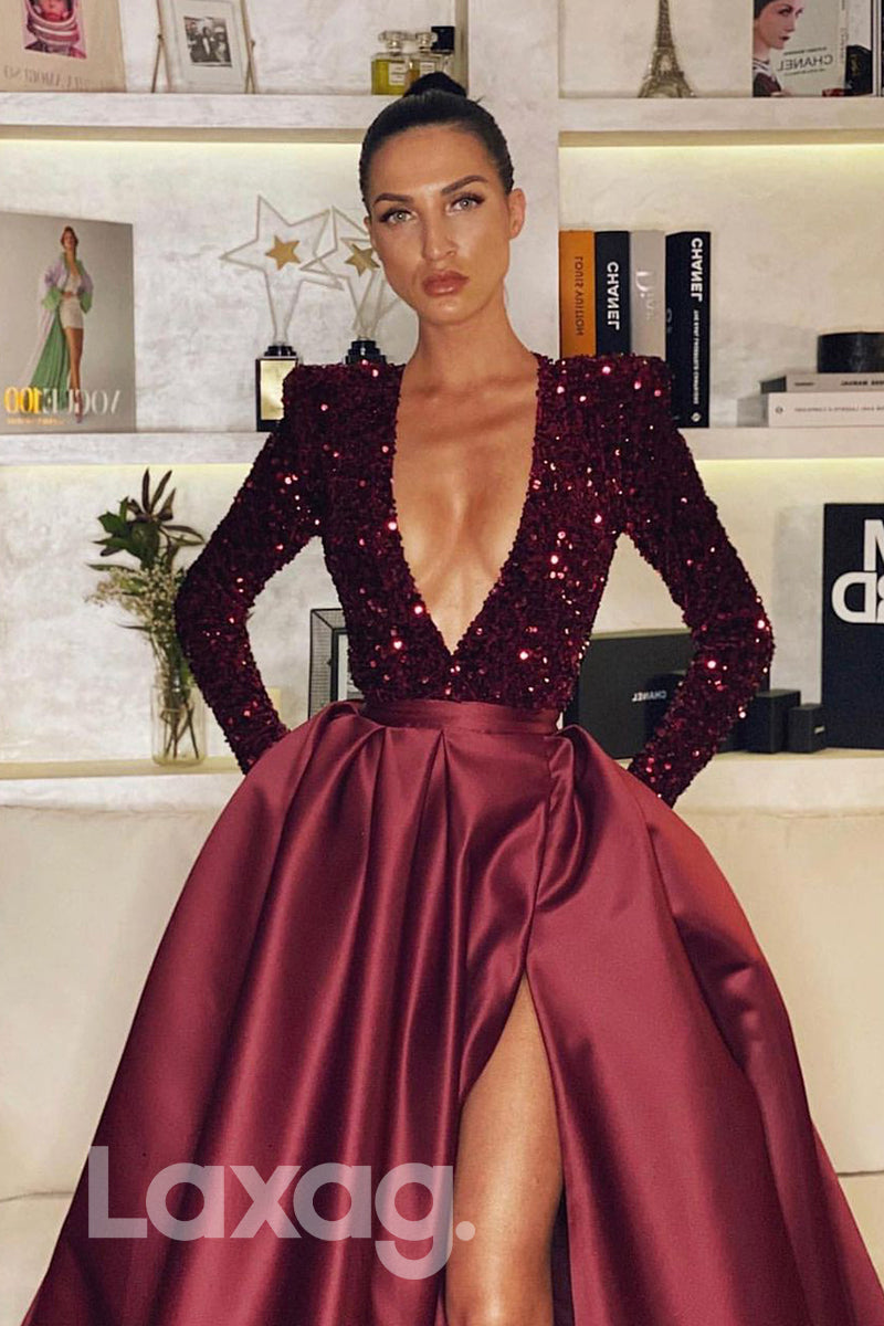 17720 - Plunging V-neck Sequins A-line Split Prom Dress with Pockets