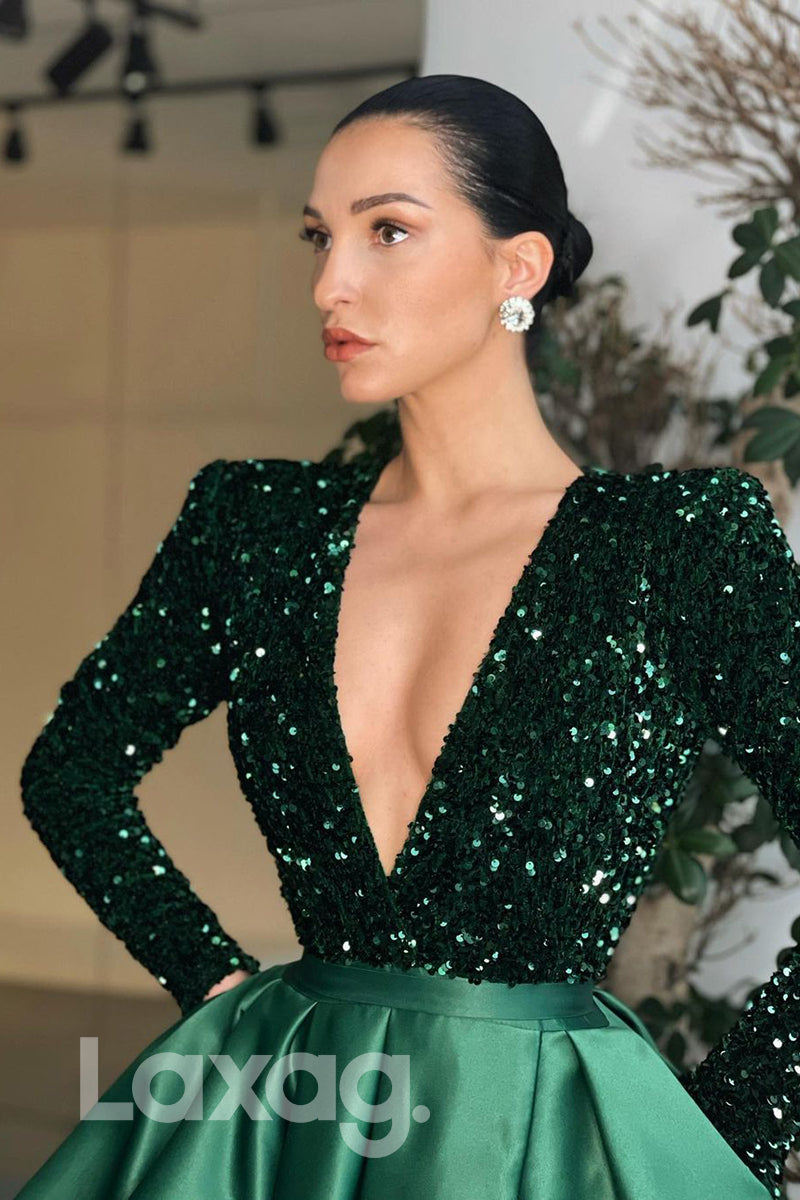 17720 - Plunging V-neck Sequins A-line Split Prom Dress with Pockets