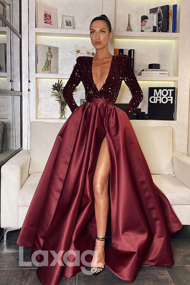 17720 - Plunging V-neck Sequins A-line Split Prom Dress with Pockets