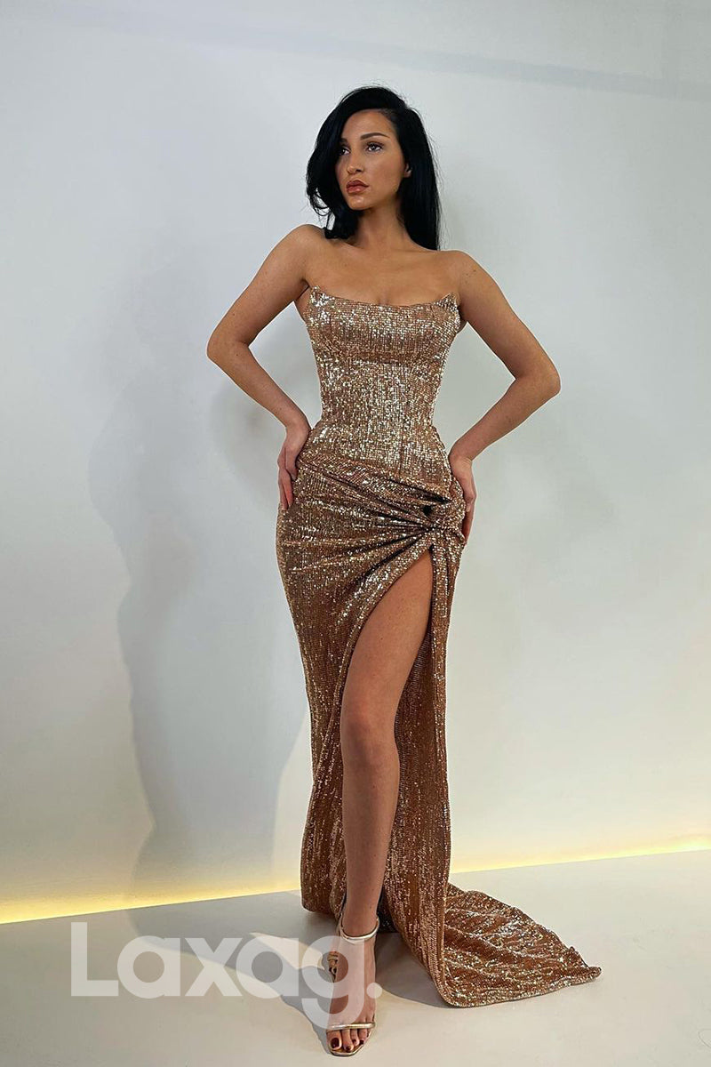 17722 - Strapless Sequins High Split Sparkly Prom Dress|LAXAG