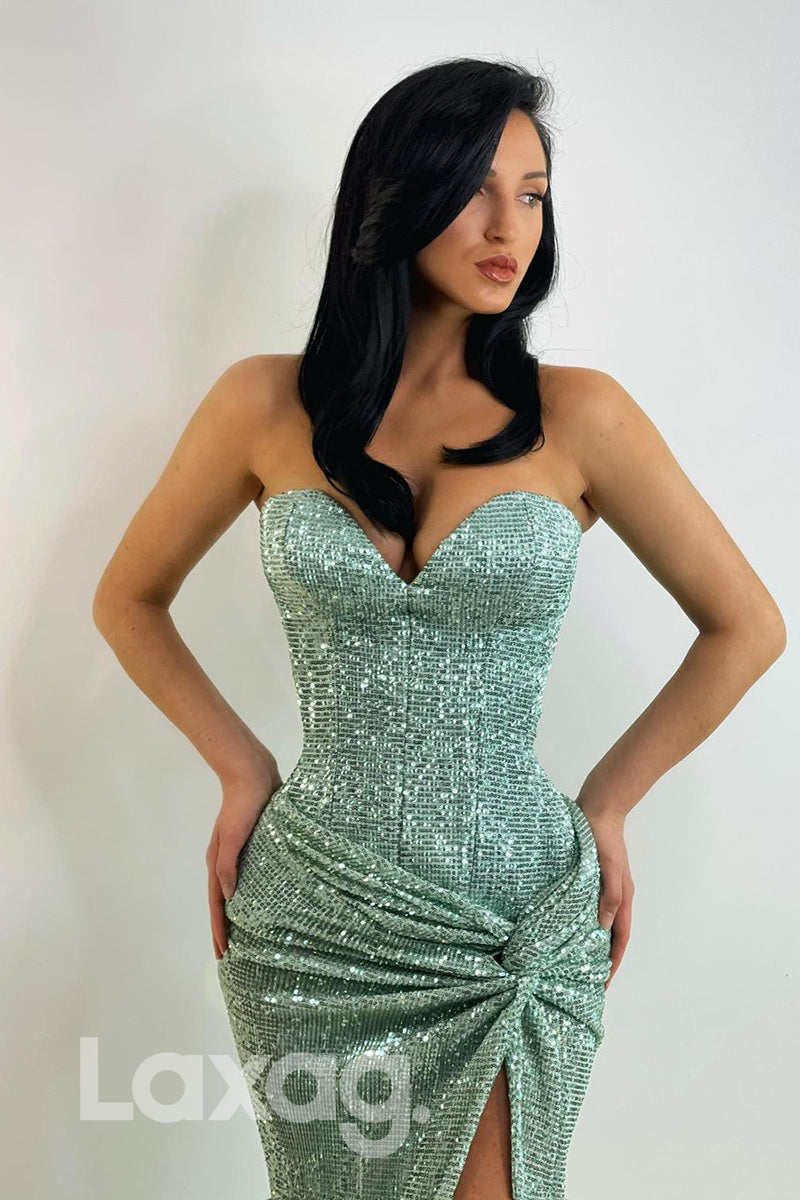 17722 - Strapless Sequins High Split Sparkly Prom Dress