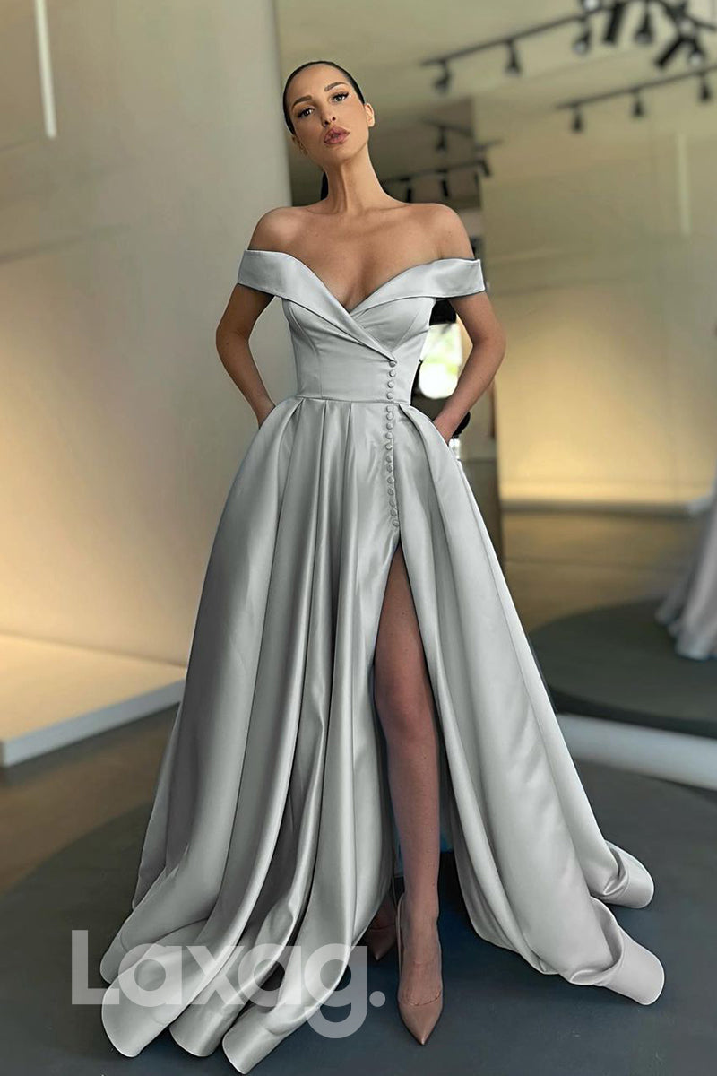 17735 - A-line Off-the-Shoulder Split Long Prom Dress with Pockets|LAXAG