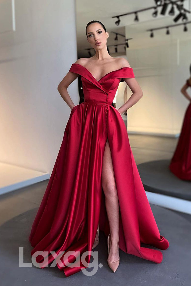17735 - A-line Off-the-Shoulder Split Long Prom Dress with Pockets|LAXAG