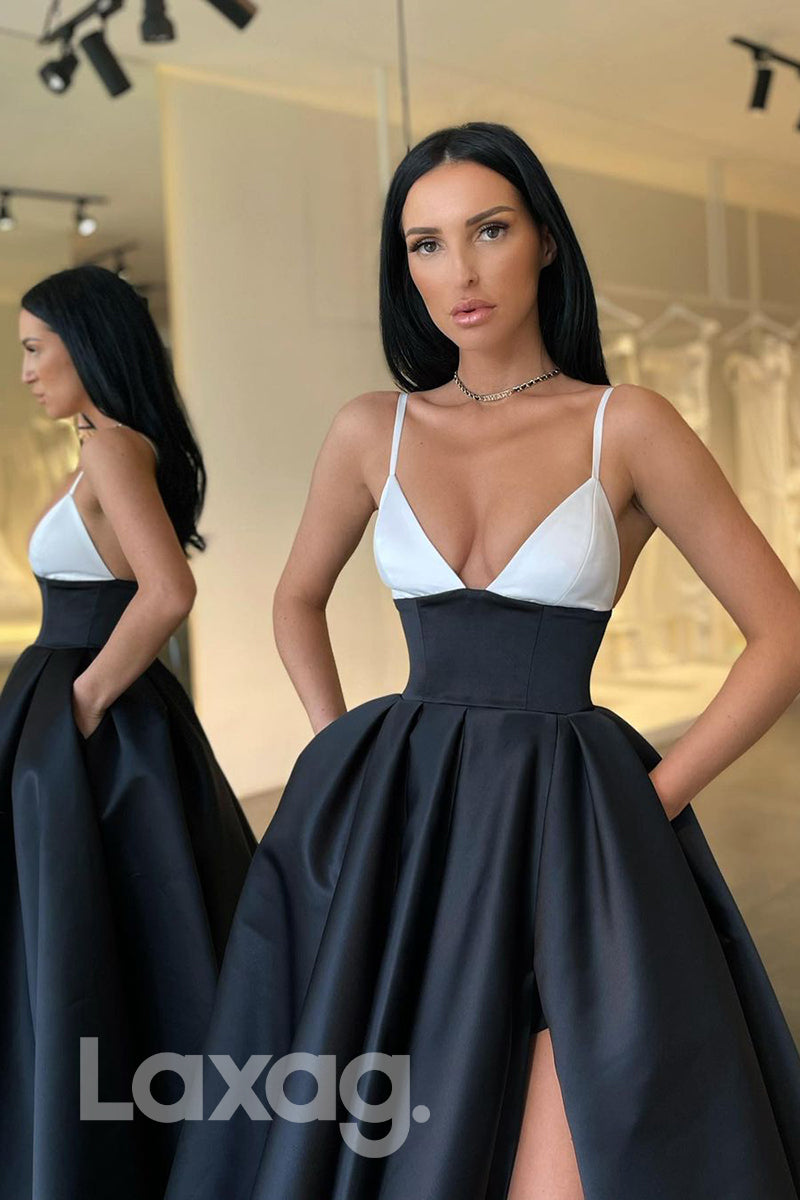 17737 - Sexy Deep V-Neck Two Tone A-Line Sleeveless Fitted Prom Dress