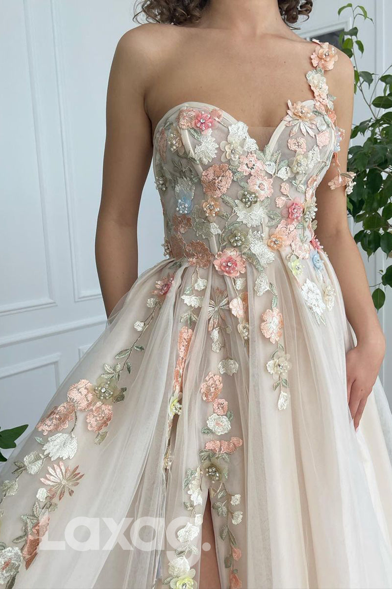 17752 - Floral Appliqued Strapless Sleeveless Sweetheart Prom Dress