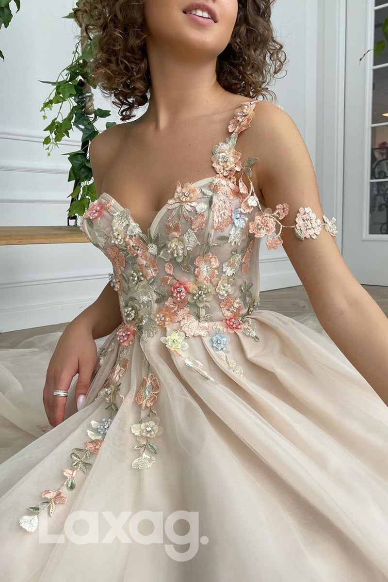 17752 - Floral Appliqued Strapless Sleeveless Sweetheart Prom Dress