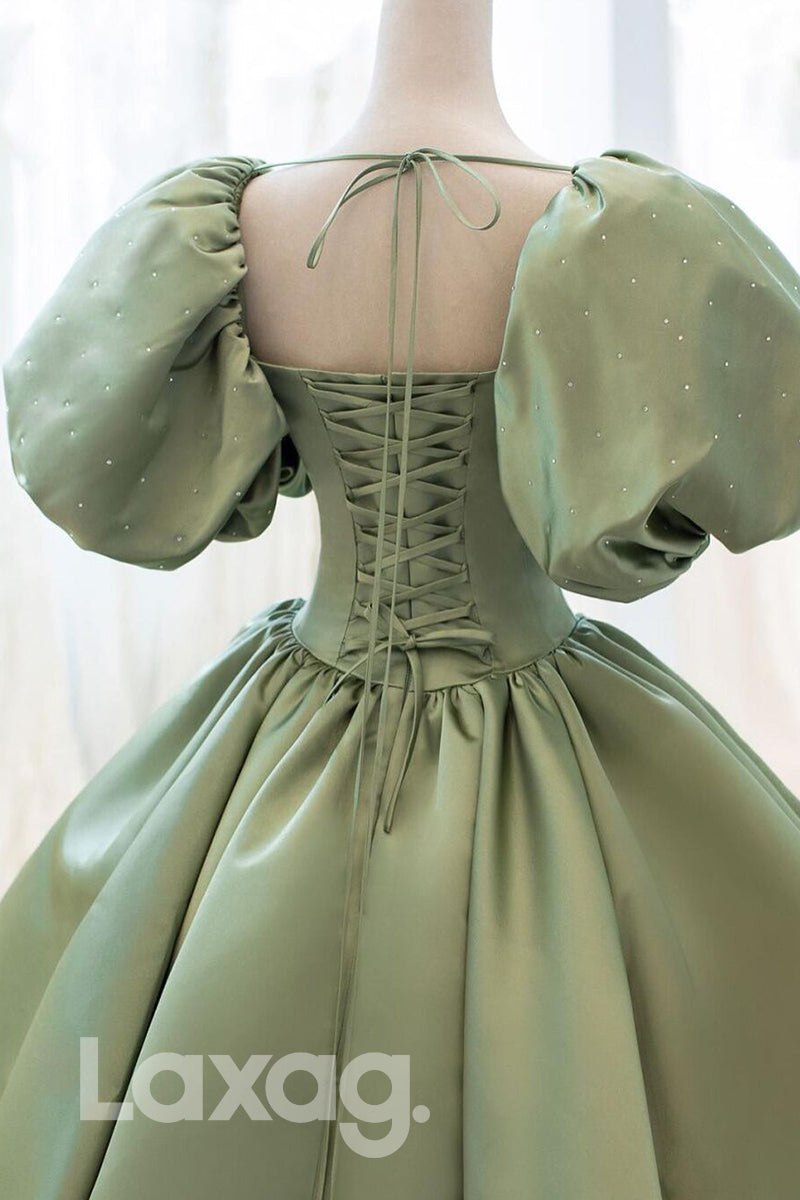 17760 - Scoop Short Sleeves Green Satin Long Prom Ball Gown