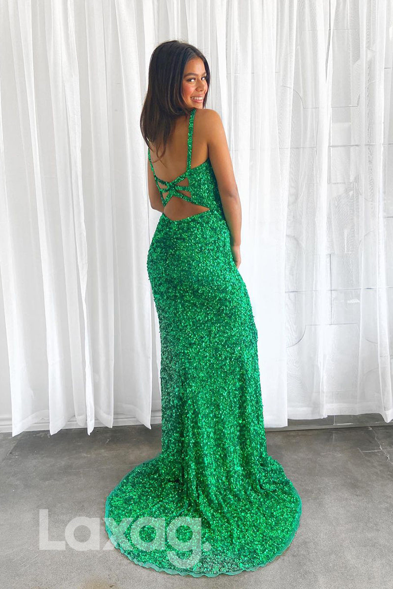 17764 - Sexy V-neck Green Sequins Sparkly Prom Dress