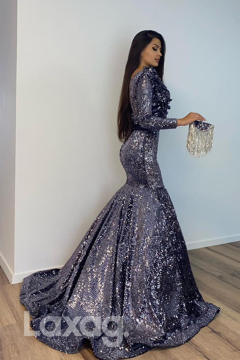 17765 - Sexy V-neck 3D Appliques Long Sleeves Mermaid Formal Evening Dress